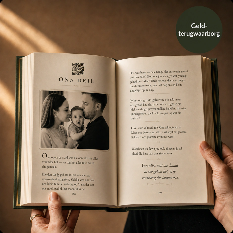 ’n Oop StoryKeeper-boek met ’n familiefoto en ’n QR-kode wat na ’n opname skakel.