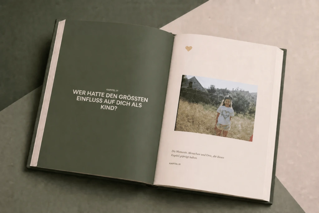 Aufgeschlagenes StoryKeeper-Buch „Heritage Sage“ mit Kapitel 01 und einem Familienfoto