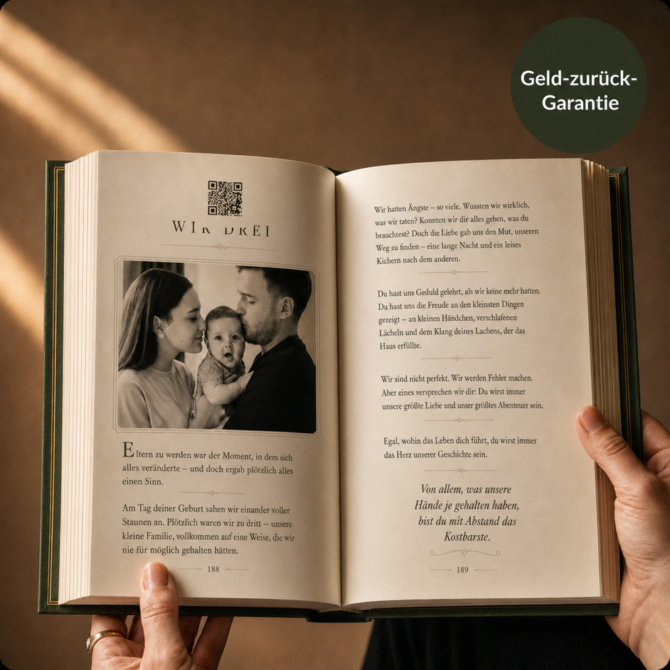 Ein geöffnetes StoryKeeper-Buch mit einem Familienfoto und einem QR-Code, der zu einer Aufnahme führt.