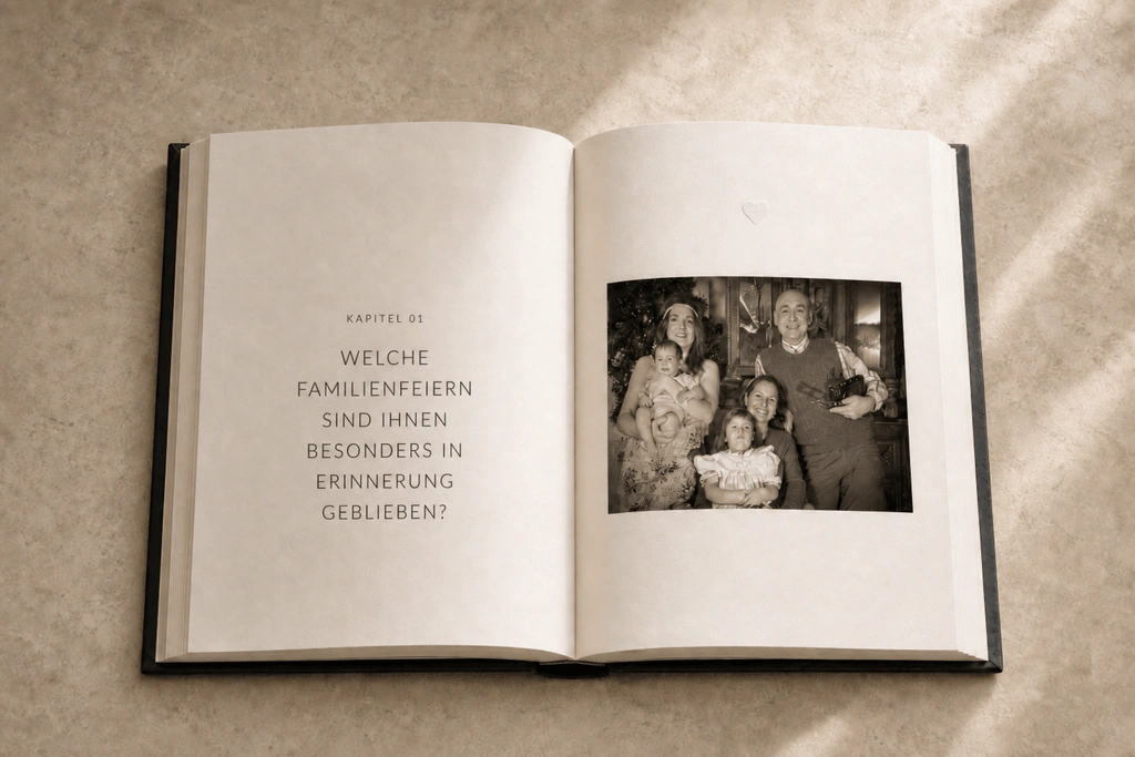 Ein geöffnetes StoryKeeper-Buch mit einem Foto von einer Familienfeier.