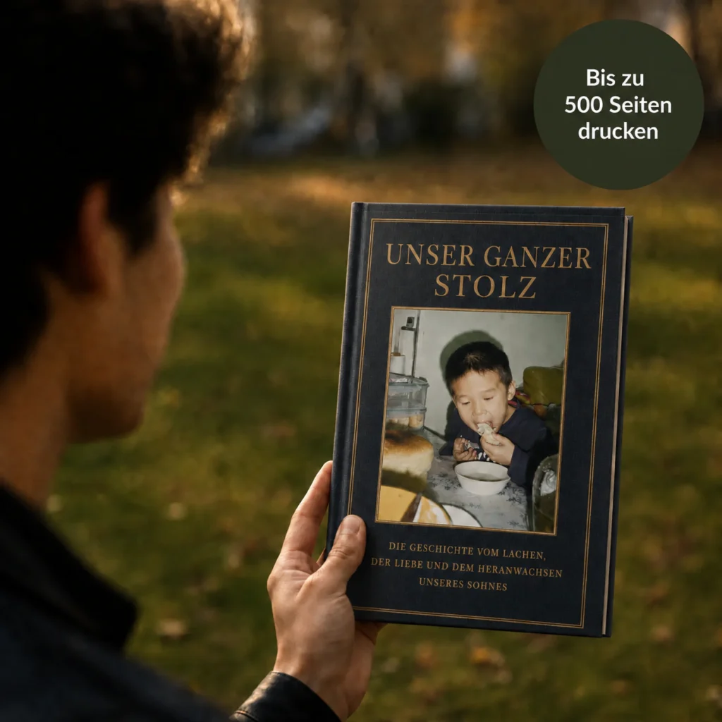 Ein personalisiertes StoryKeeper-Familienbuch, das im Freien gehalten wird.