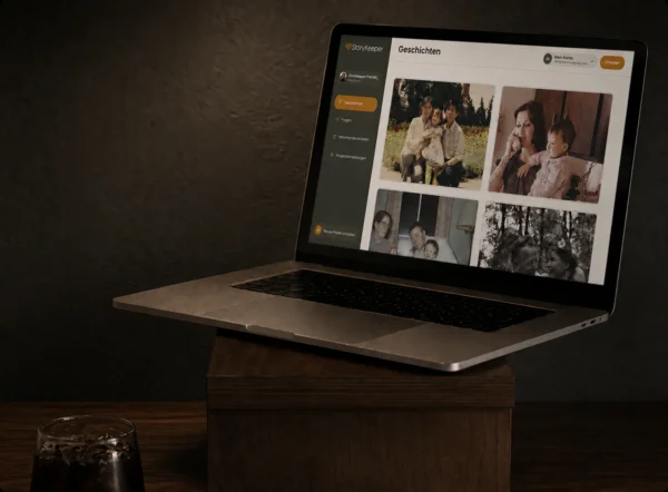 Ein auf einem Laptop geöffnetes Familiengeschichten-Projekt.