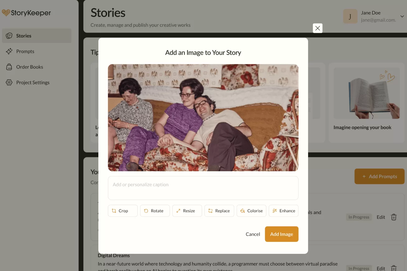 StoryKeeper photograph upload and enhancement screen
