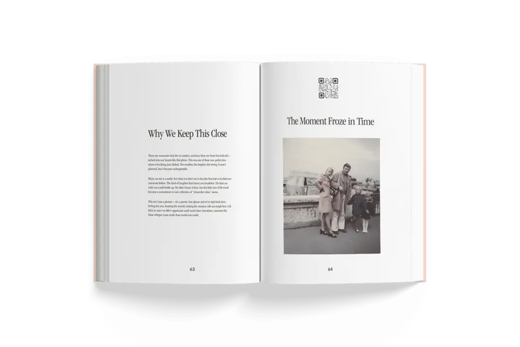 Open StoryKeeper life story book with a QR code and family photograph