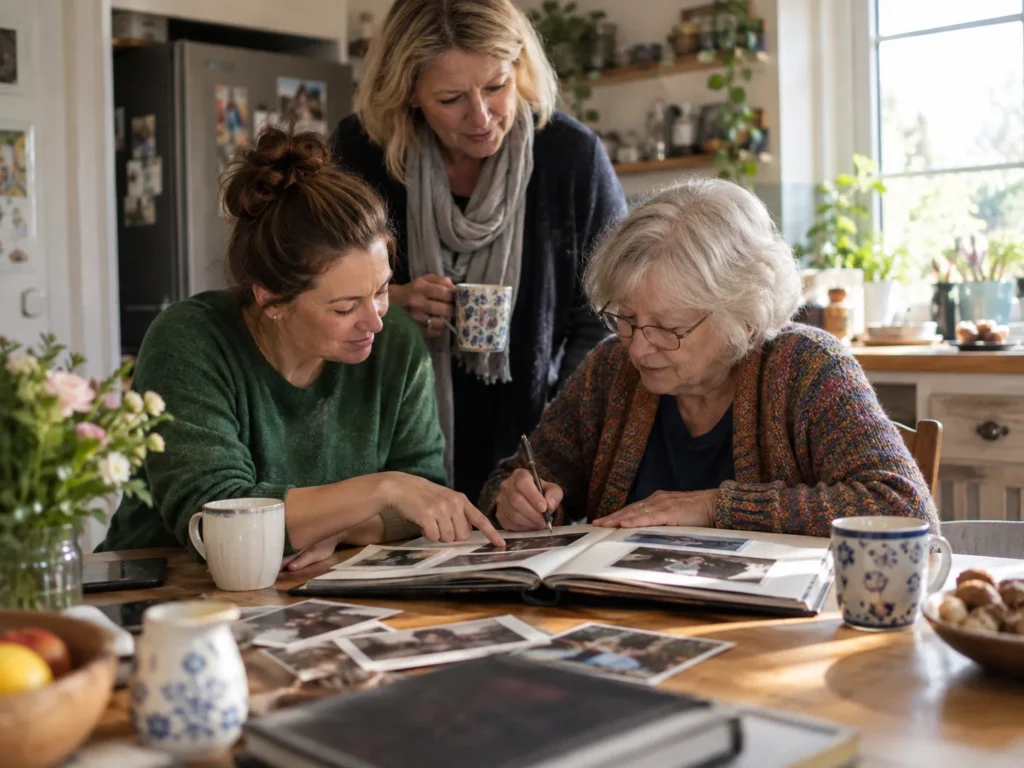 Family members preserving memories together in a photo album