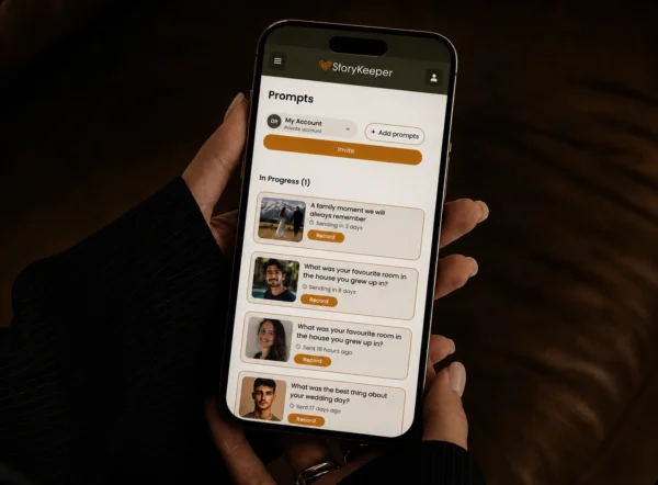 Story prompts and contributors displayed on a smartphone.