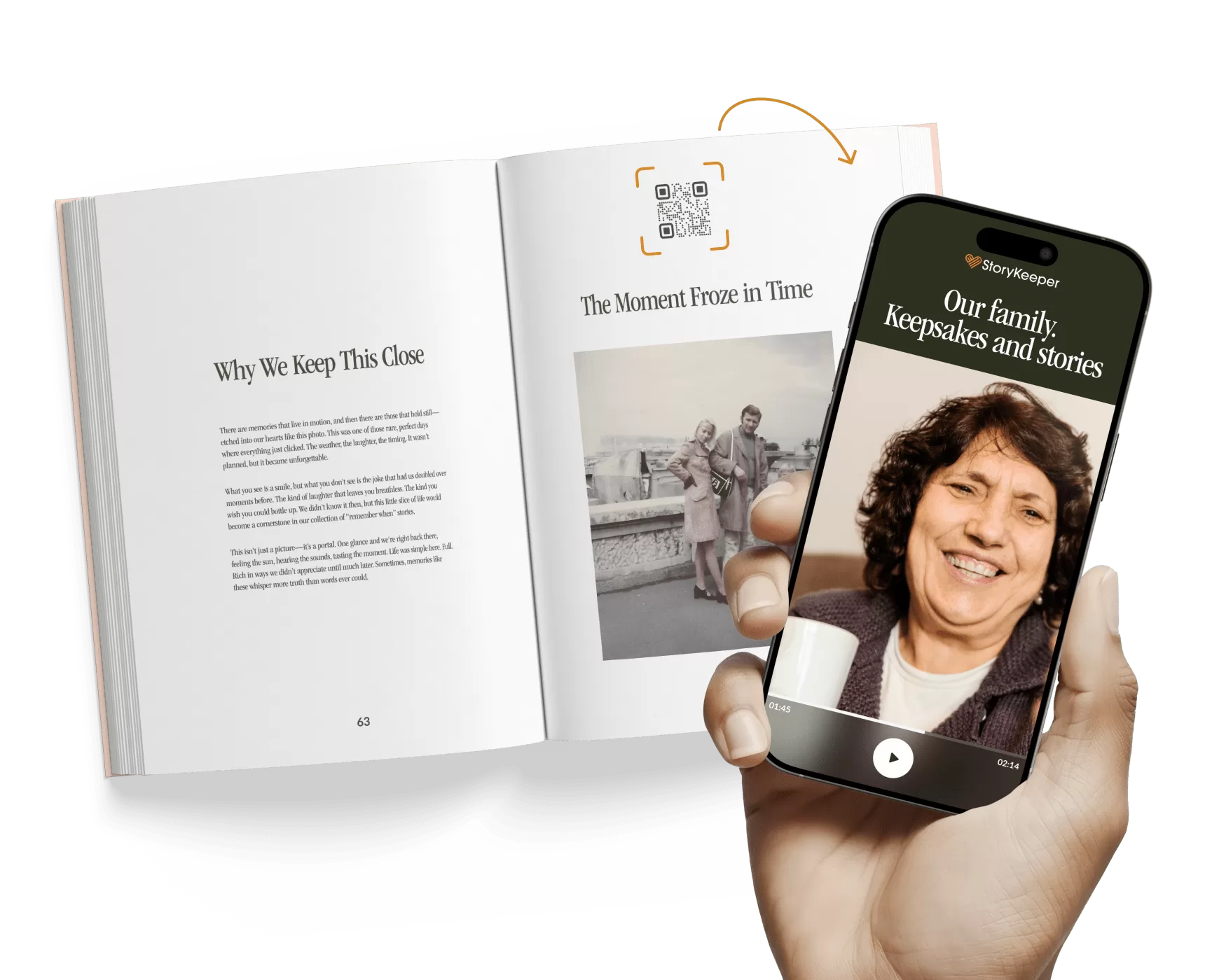 Open StoryKeeper book and phone showing a recorded family story