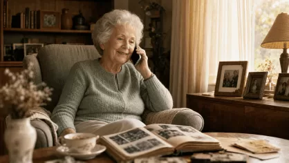 Woman collecting memories beside family photographs