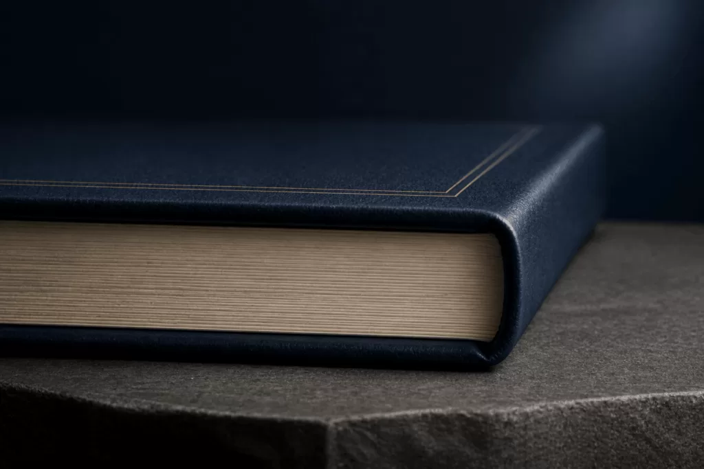 Close detail of a Midnight Navy StoryKeeper hardback cover