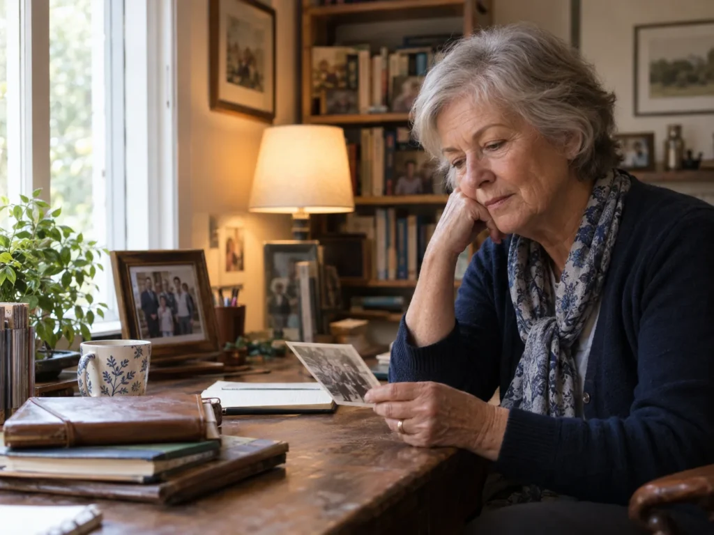 Older woman reflecting on photographs from her career