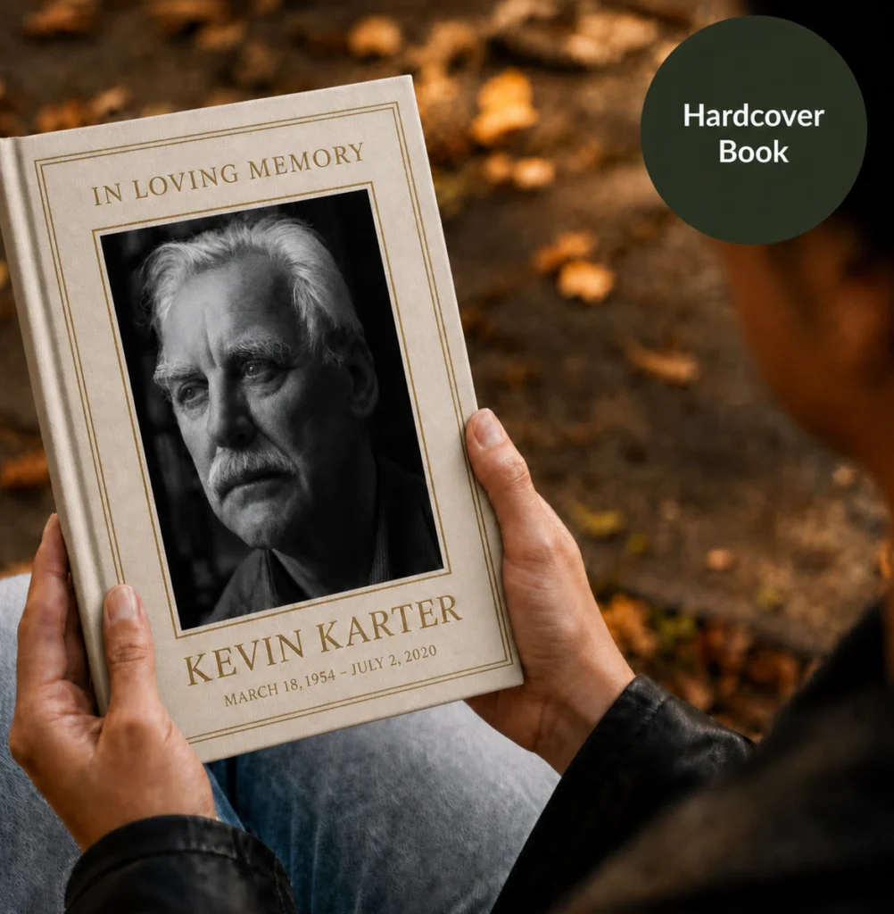 A StoryKeeper memorial book held outdoors.