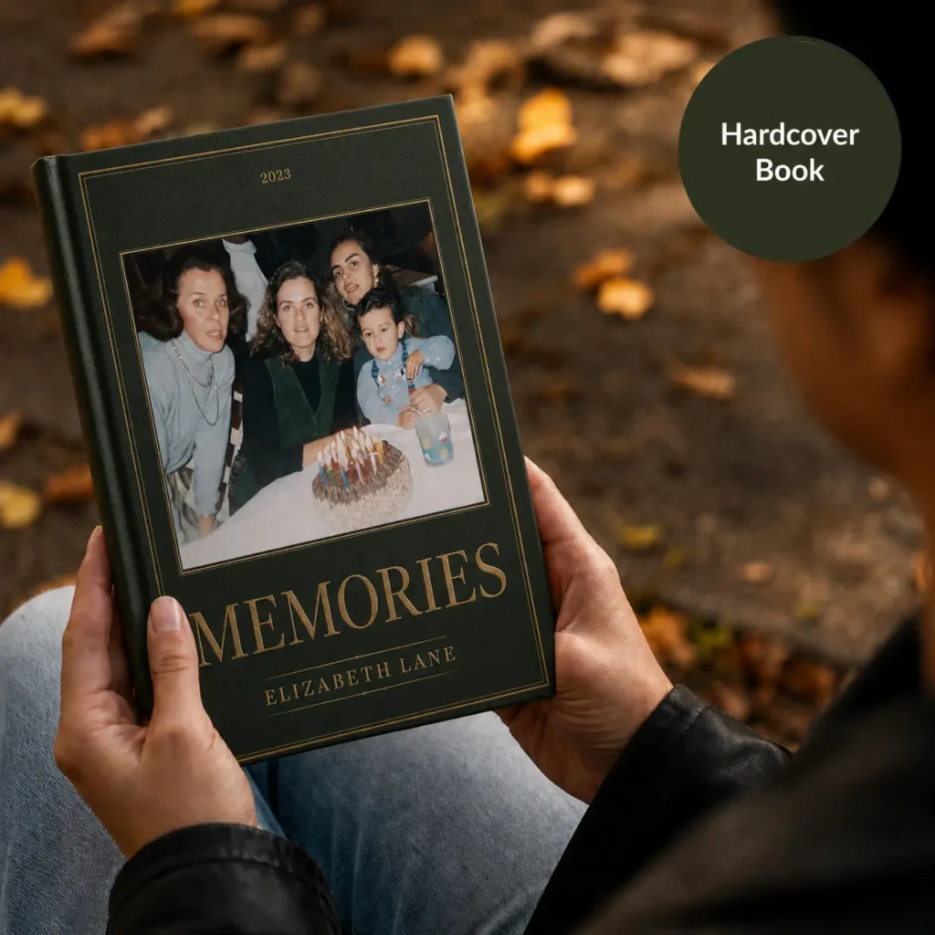 A personalized StoryKeeper family book held outdoors.