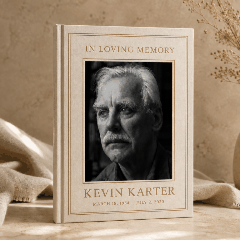 A StoryKeeper memorial book featuring a portrait of an older man.