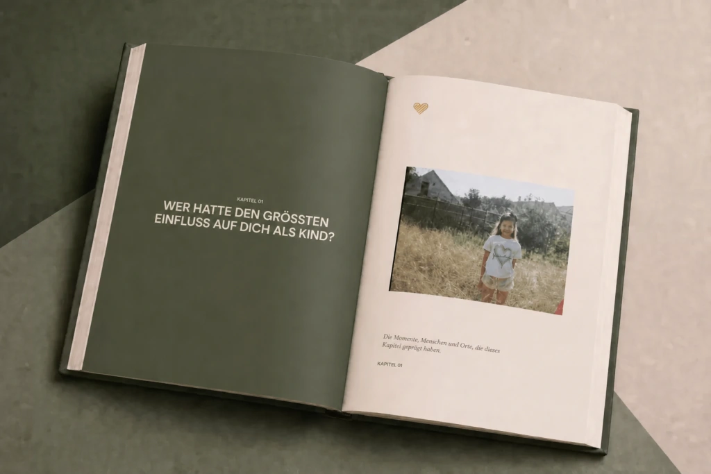 Aufgeschlagenes StoryKeeper-Buch „Heritage Sage“ mit Kapitel 01 und einem Familienfoto