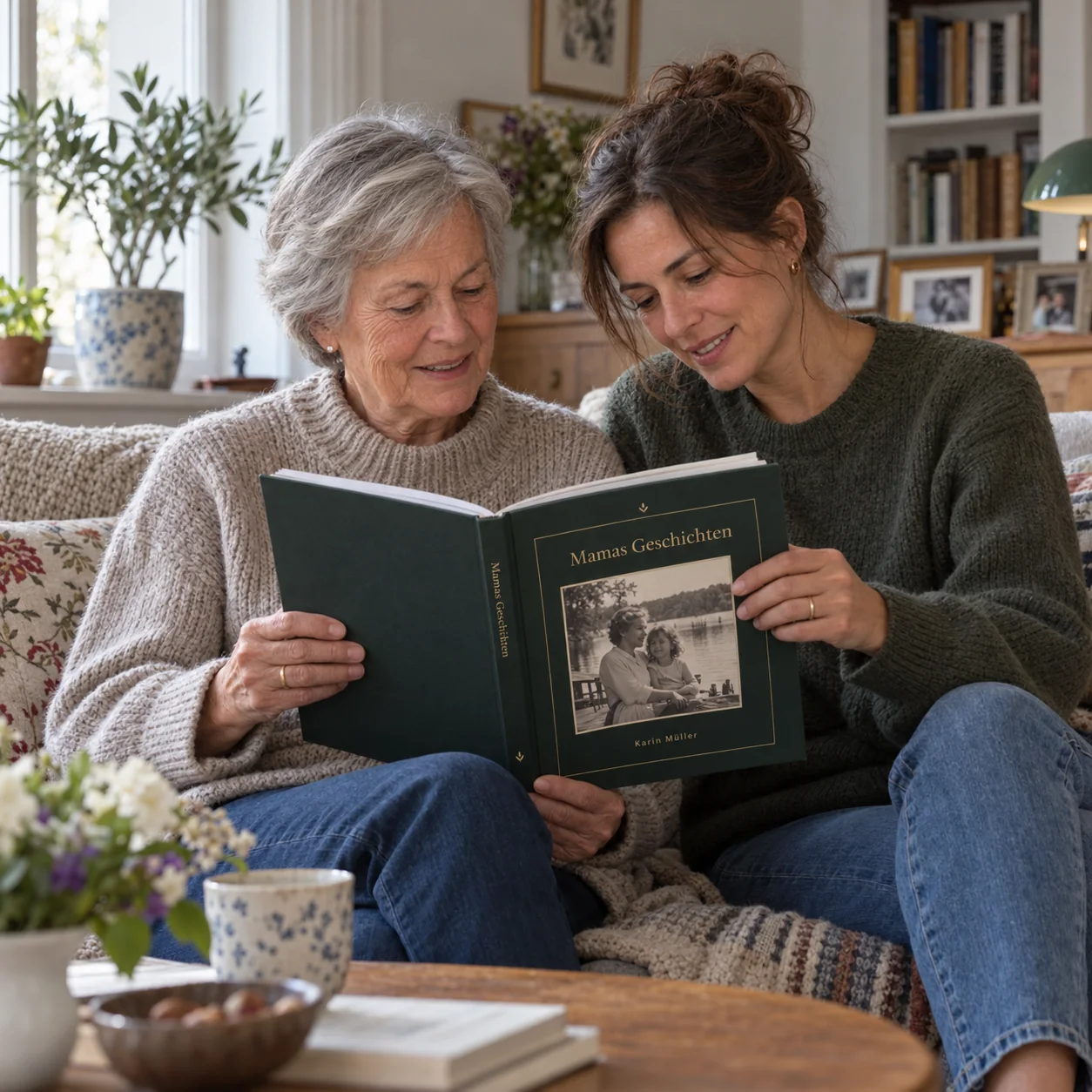 Eine Mutter und ihre erwachsene Tochter halten gemeinsam ein StoryKeeper-Erinnerungsbuch auf dem Sofa.