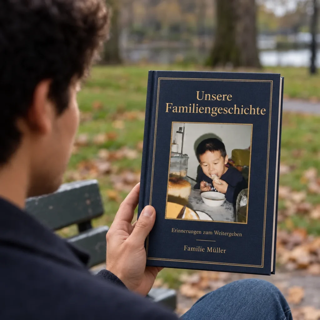 Eine Person hält das Beispielbuch „Unsere Familiengeschichte“ der Familie Müller.