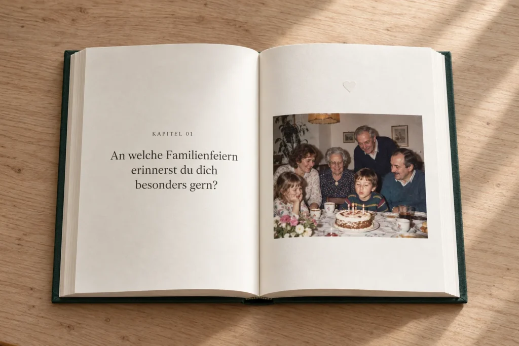 Aufgeschlagenes Beispielbuch mit der Frage „An welche Familienfeiern erinnerst du dich besonders gern?“ und einem Familienfoto.
