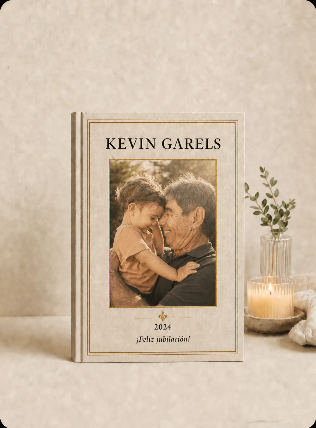 Un libro de jubilación StoryKeeper con una fotografía de un hombre mayor y un niño.
