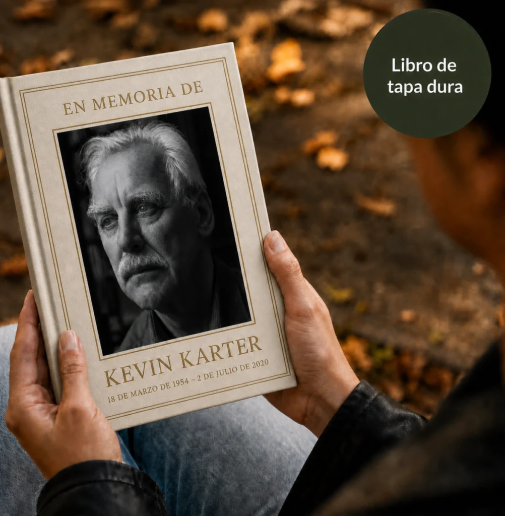 Un libro conmemorativo StoryKeeper sostenido al aire libre.