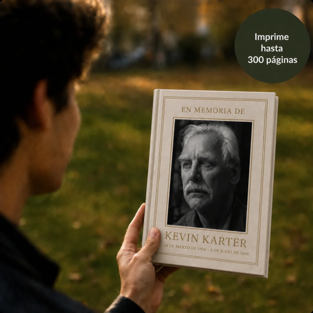 Un libro conmemorativo StoryKeeper sostenido al aire libre.