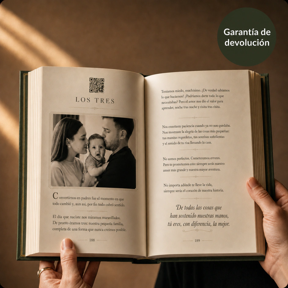 Un libro StoryKeeper abierto con una fotografía familiar y un código QR que enlaza a una grabación.