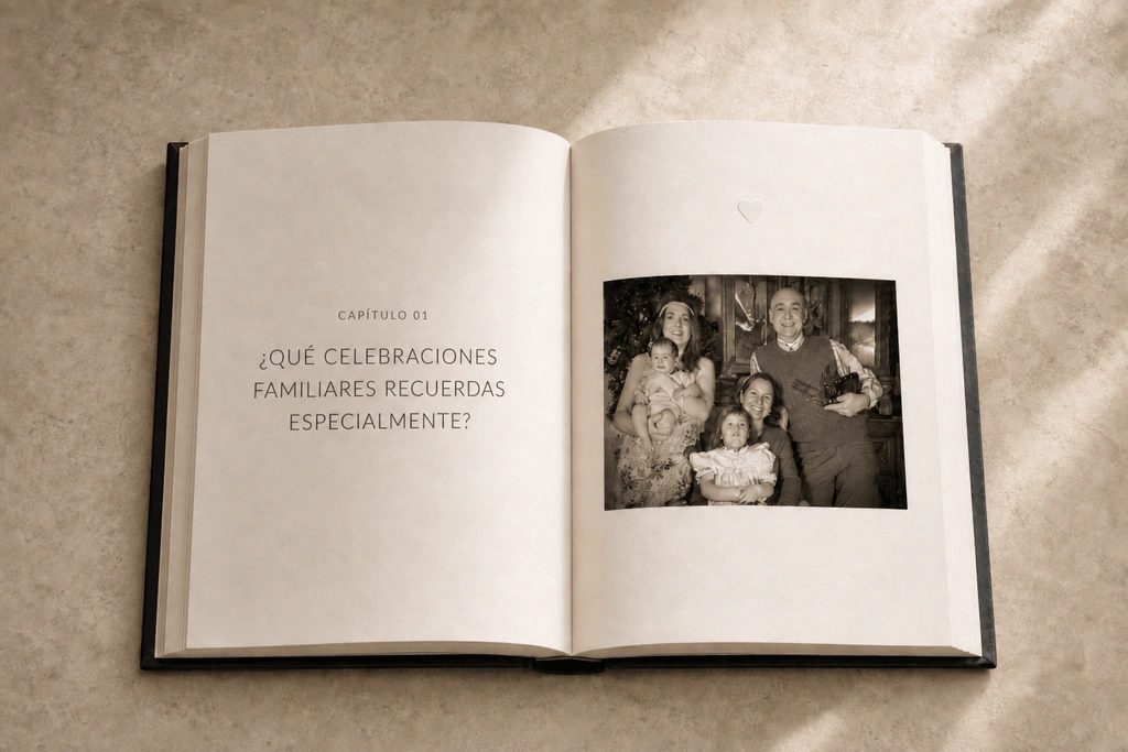 Un libro StoryKeeper abierto con una fotografía de una celebración familiar.