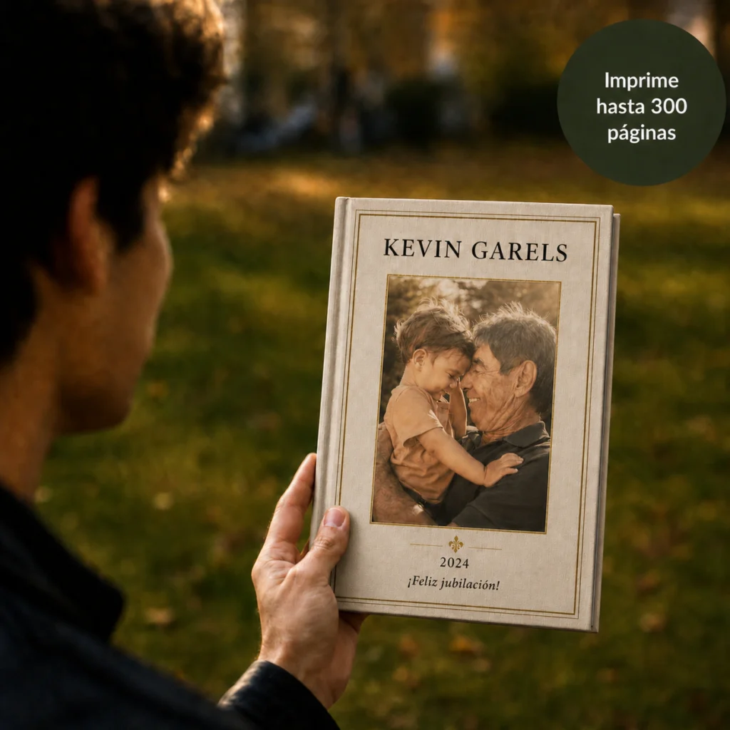 Un libro de jubilación StoryKeeper sostenido al aire libre.