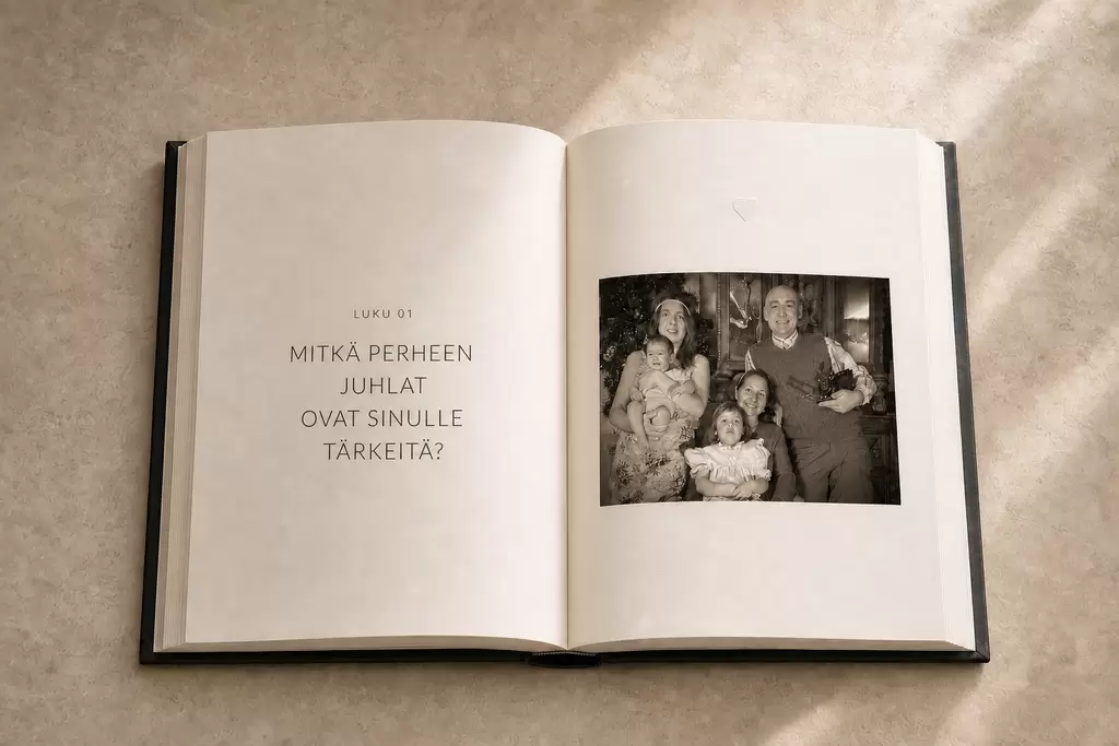 Avoin perhemuistokirja, jossa on luku perhejuhlista