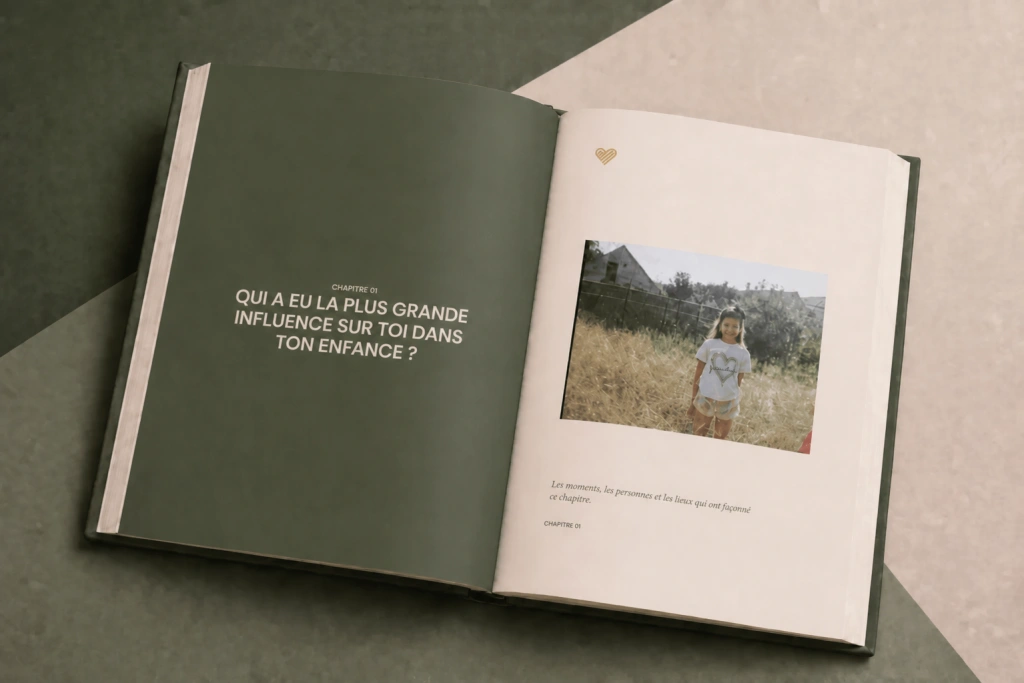 Livre StoryKeeper « Heritage Sage » ouvert sur le chapitre 01 et une photo de famille