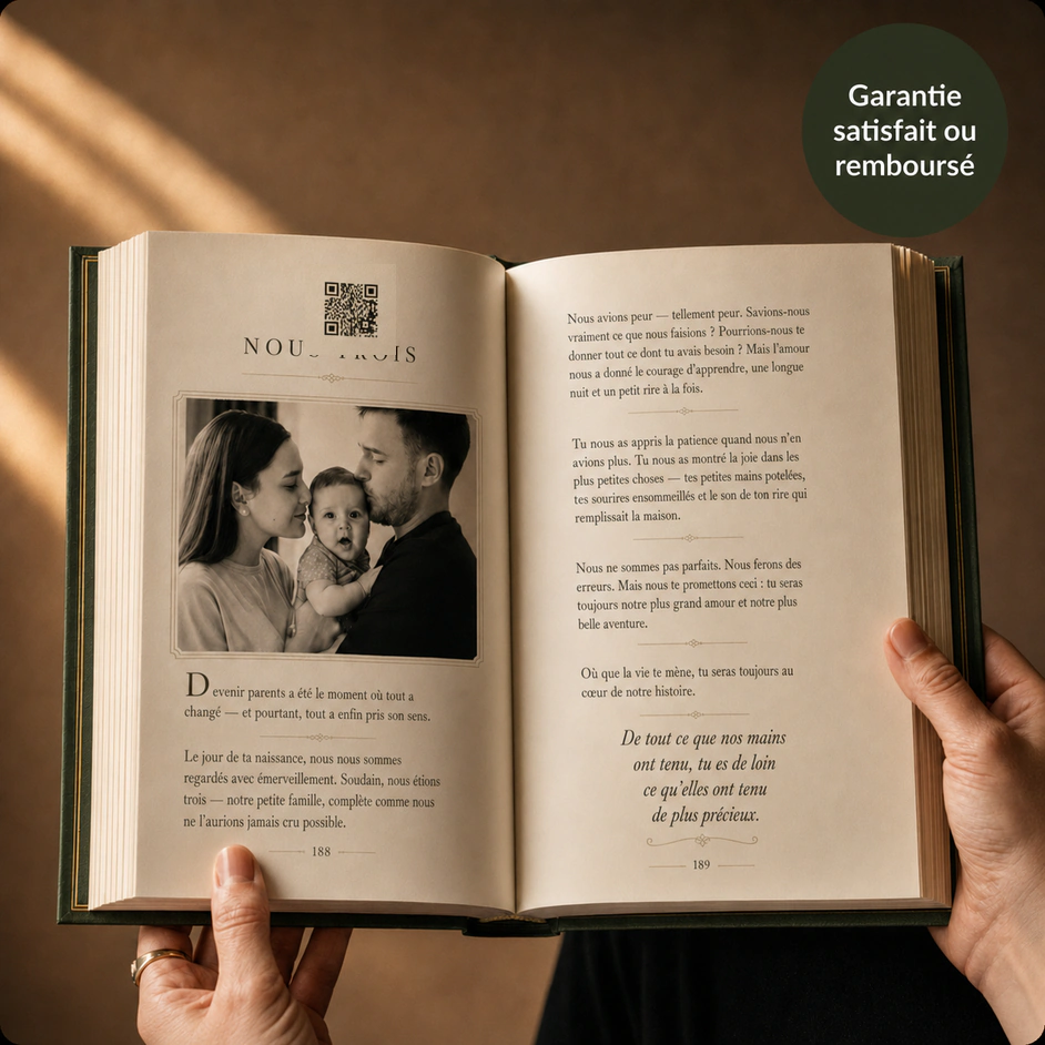 Un livre StoryKeeper ouvert avec une photo de famille et un code QR menant à un enregistrement.