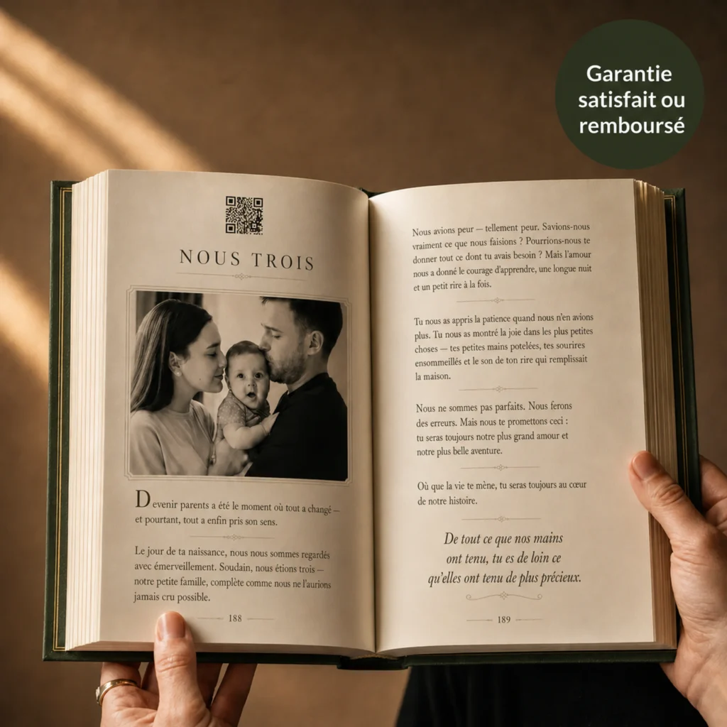 Un livre StoryKeeper ouvert avec une photo de famille et un code QR menant à un enregistrement.