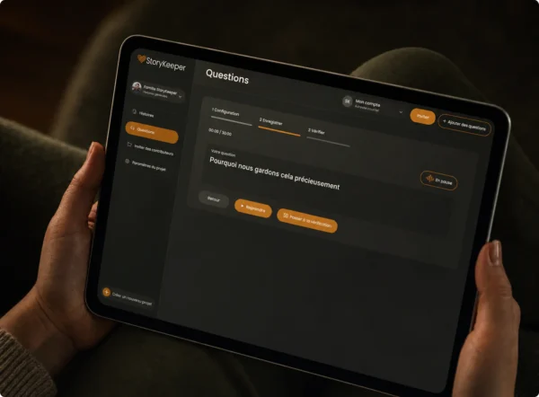 Un récit vidéo en pause sur une tablette.