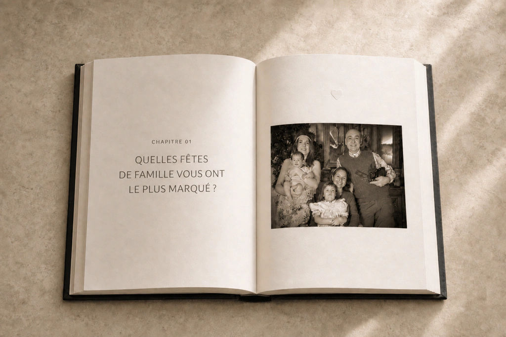 Un livre StoryKeeper ouvert avec une photo de fête de famille.