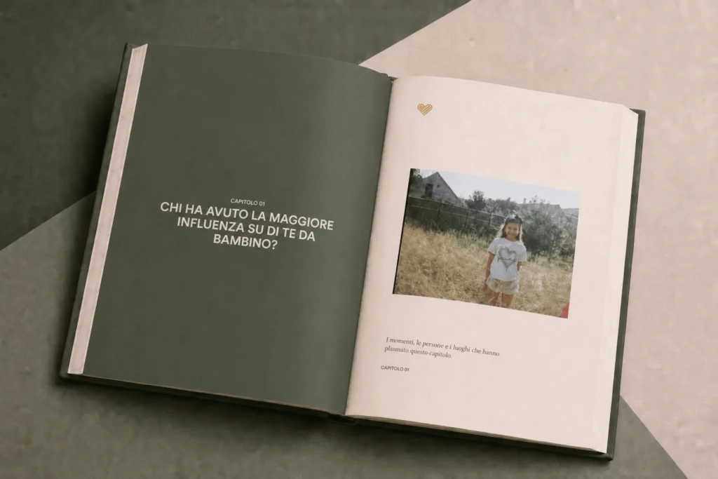 Libro StoryKeeper «Heritage Sage» aperto sul capitolo 01 con una foto di famiglia