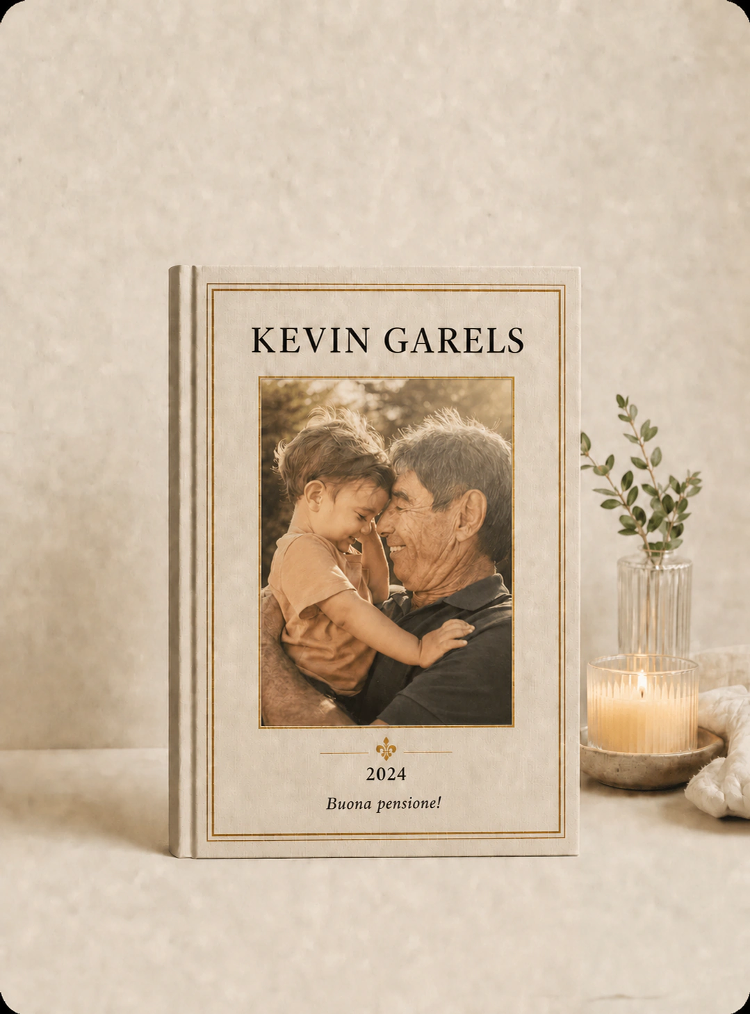 Un libro per il pensionamento StoryKeeper con la fotografia di un uomo anziano e un bambino.