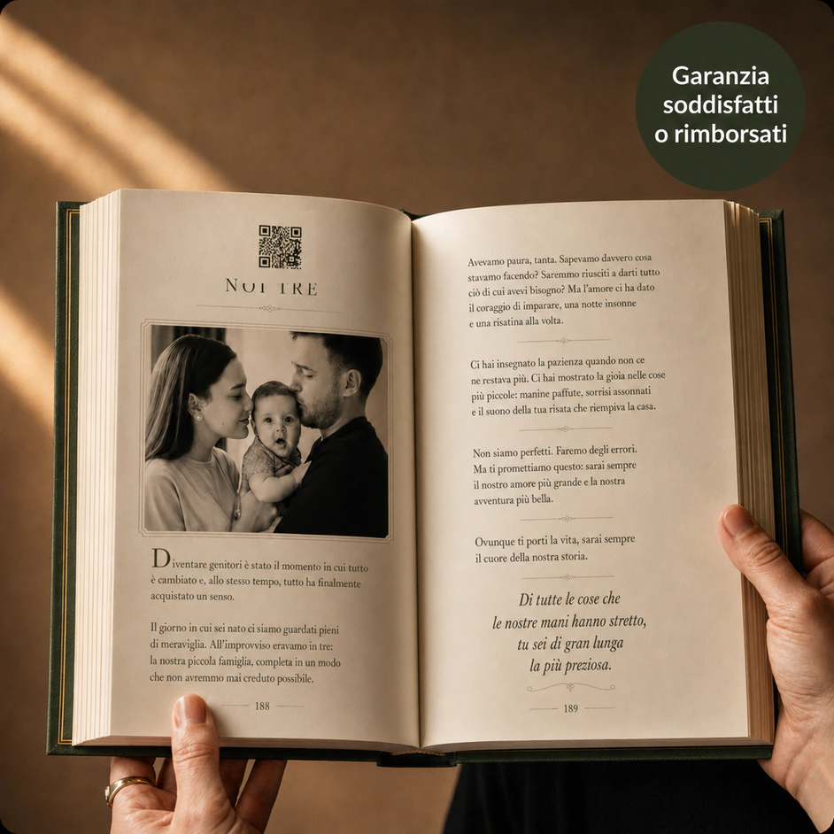 Un libro StoryKeeper aperto con una fotografia di famiglia e un codice QR che rimanda a una registrazione.