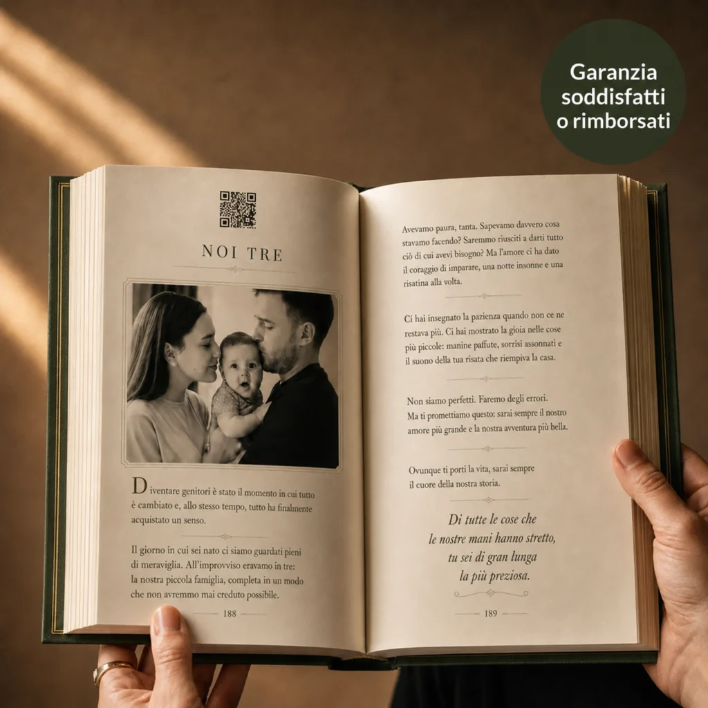 Un libro StoryKeeper aperto con una fotografia di famiglia e un codice QR che rimanda a una registrazione.