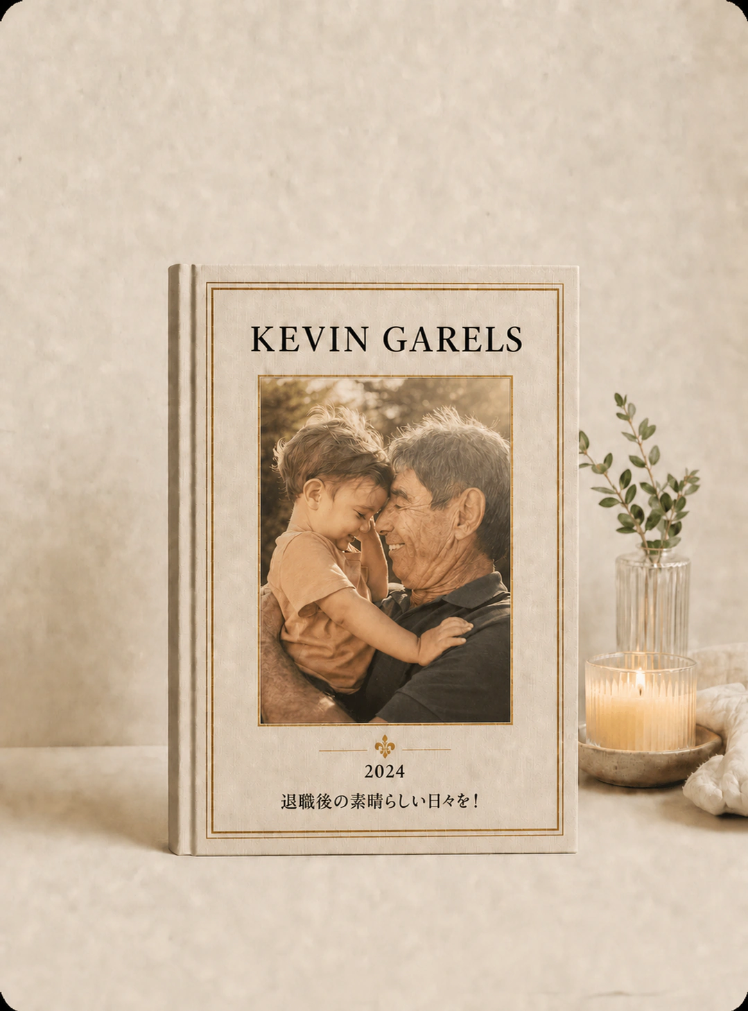 年配の男性と子どもの写真が載ったStoryKeeper退職記念ブック。