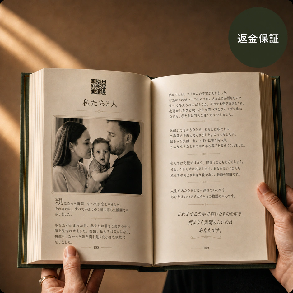 家族写真と、録音につながるQRコードが載った開いたStoryKeeperブック。