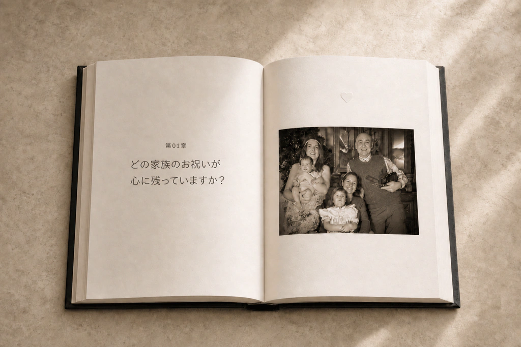 家族のお祝いの写真が載った開いたStoryKeeperブック。