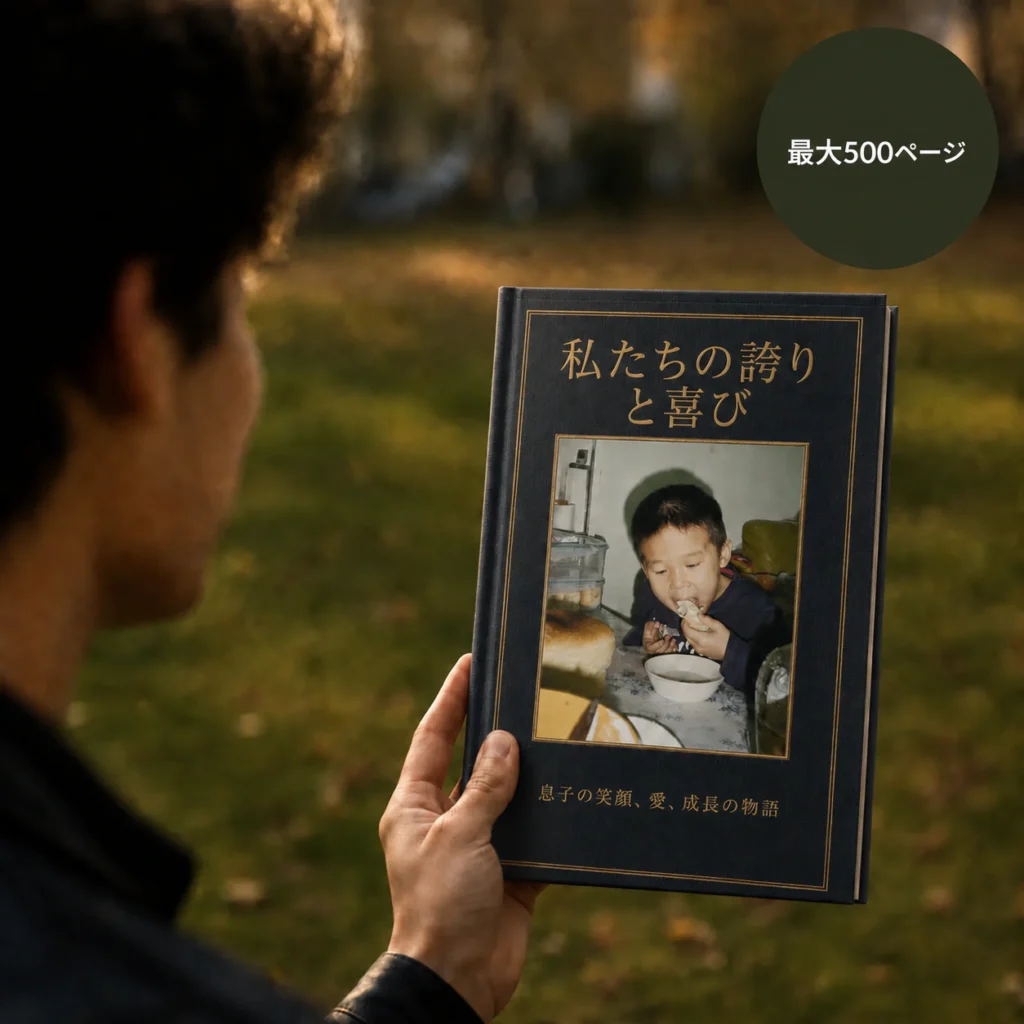 屋外で手に持たれたパーソナライズされたStoryKeeperファミリーブック。