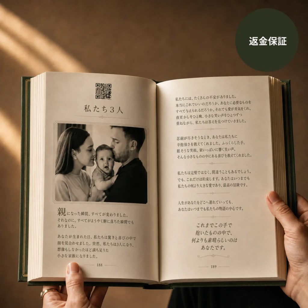 家族写真と、録音につながるQRコードが載った開いたStoryKeeperブック。