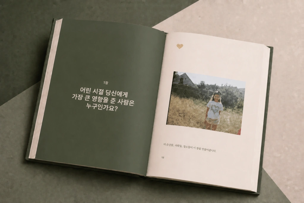 01장과 가족사진이 펼쳐진 StoryKeeper ‘Heritage Sage’ 책