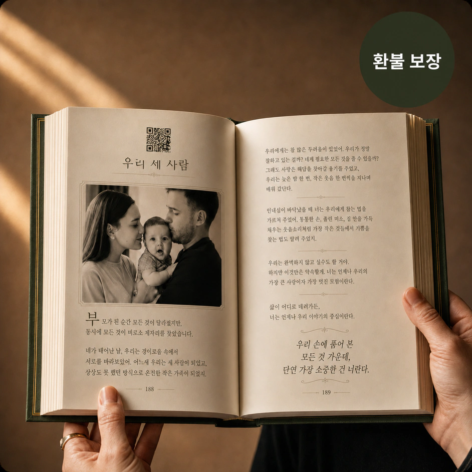가족사진과 녹음으로 연결되는 QR 코드가 담긴 펼쳐진 StoryKeeper 책.