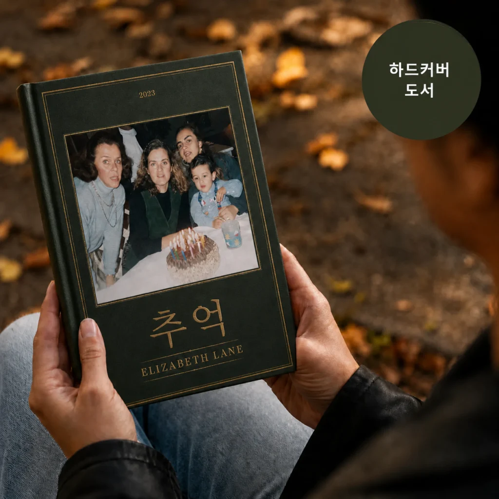 야외에서 들고 있는 맞춤형 StoryKeeper 가족 책.
