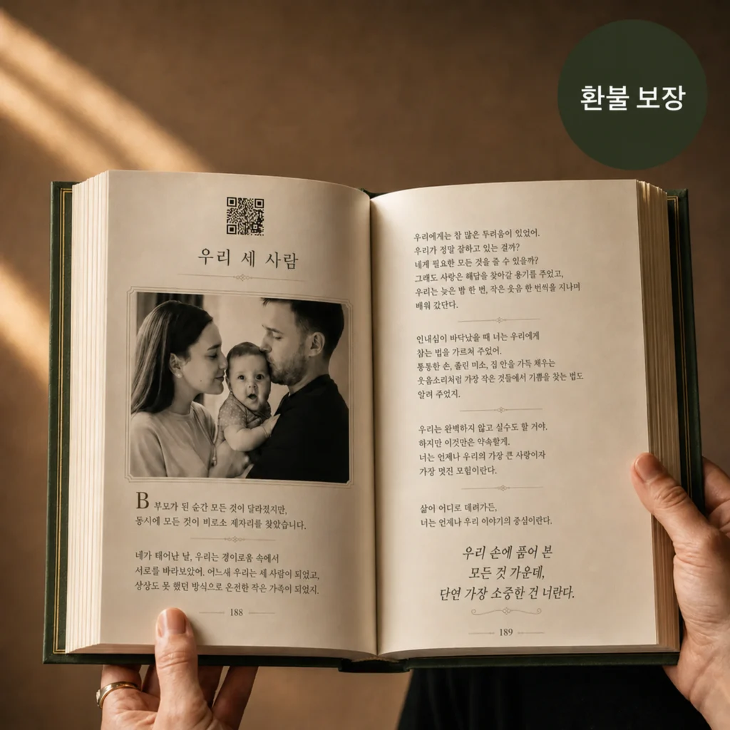 가족사진과 녹음으로 연결되는 QR 코드가 담긴 펼쳐진 StoryKeeper 책.