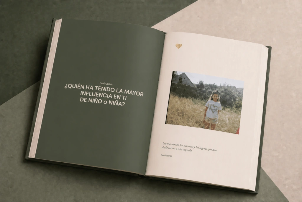Libro StoryKeeper «Heritage Sage» abierto por el capítulo 01 con una foto familiar