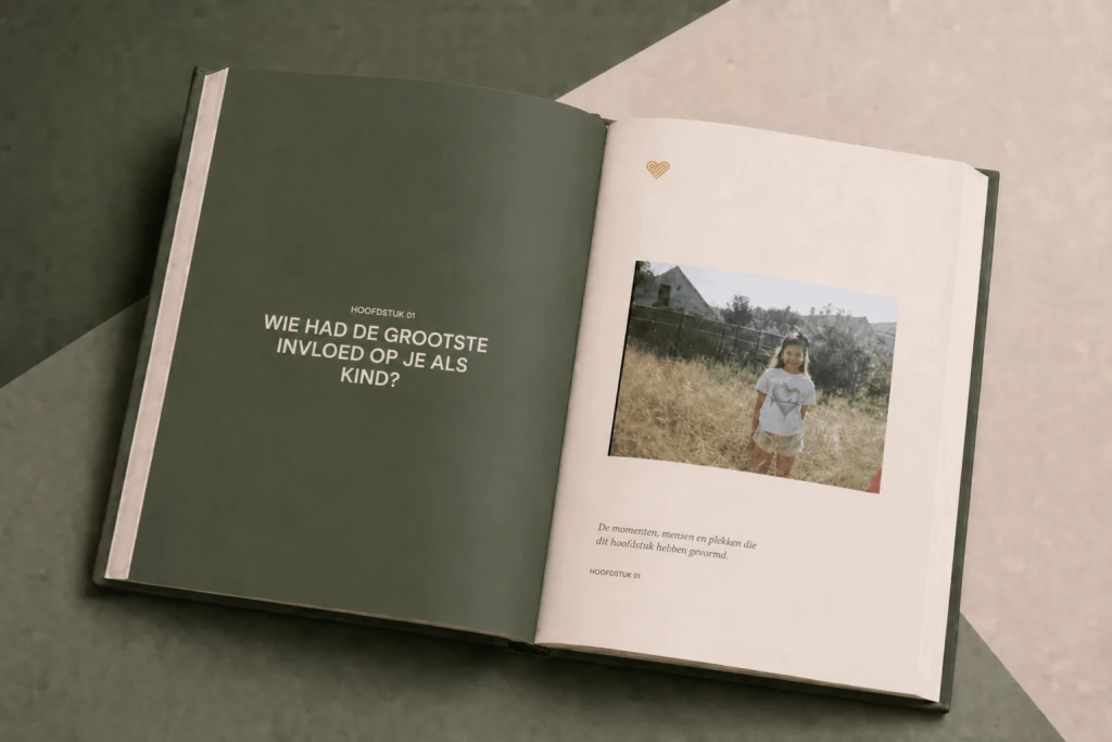 Open StoryKeeper-boek ‘Heritage Sage’ met hoofdstuk 01 en een familiefoto