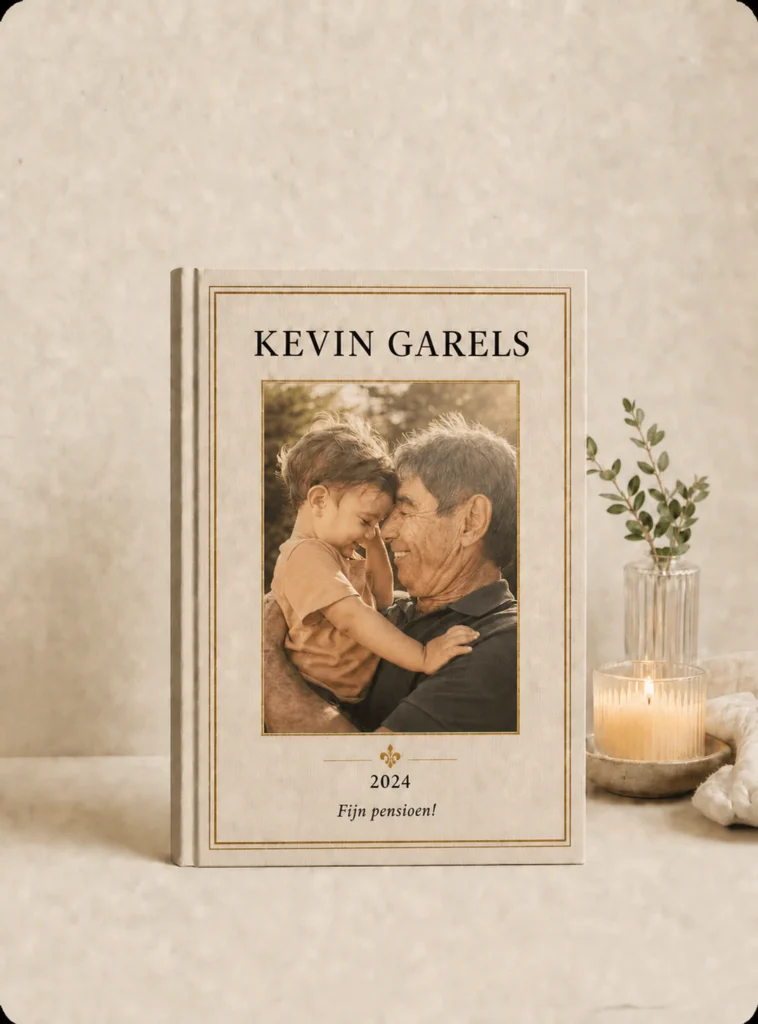 Een StoryKeeper-pensioenboek met een foto van een oudere man en een kind.
