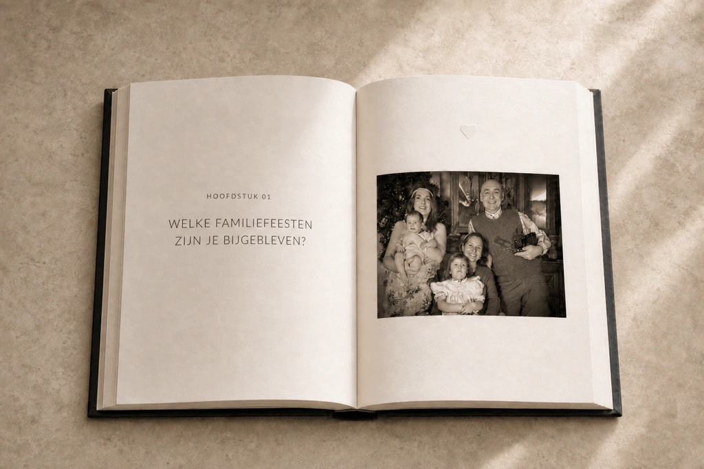 Een opengeslagen StoryKeeper-boek met een foto van een familiefeest.